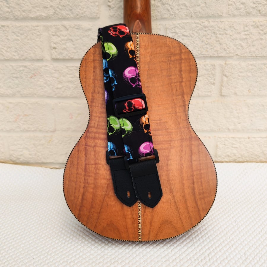 1.5 inch Wide Adjustable Ukulele Strap with Rainbow Skulls