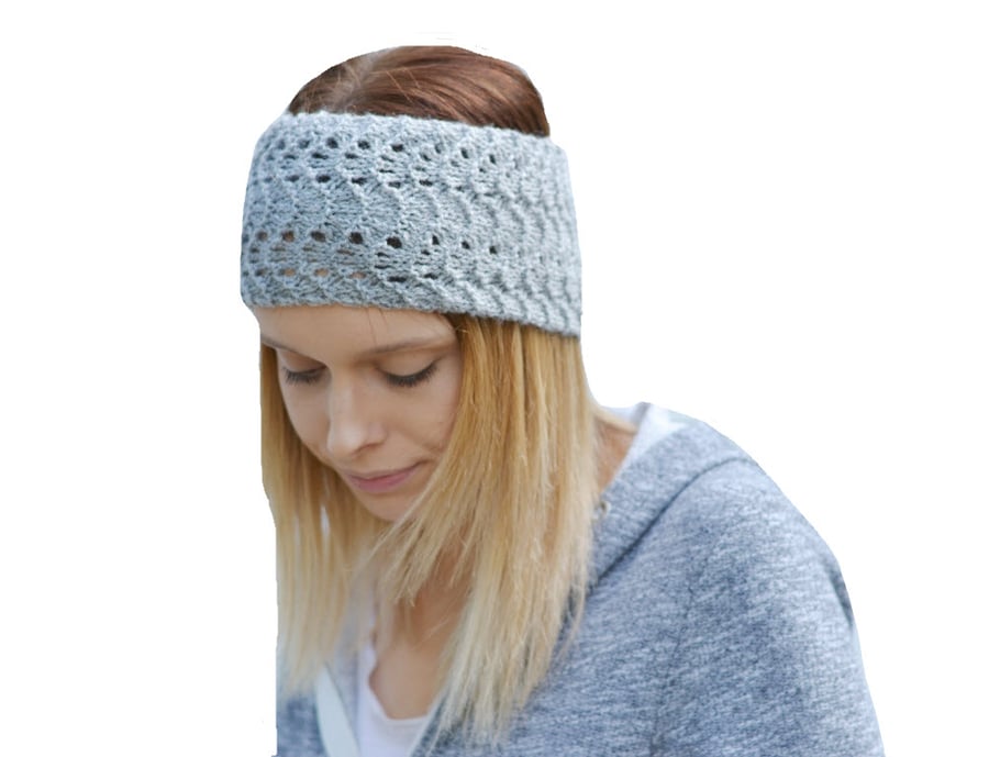 Grey Lacey Wide Knitted Headband, Great for Summer