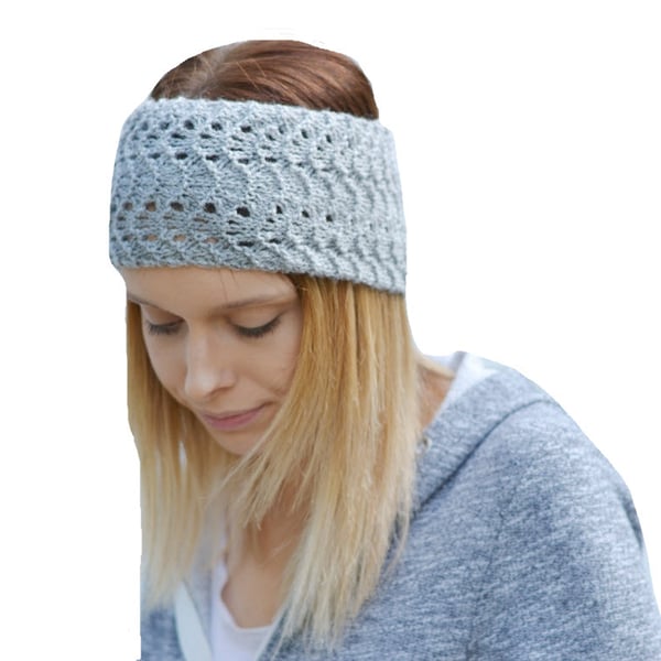 Grey Lacey Wide Knitted Headband, Great for Summer