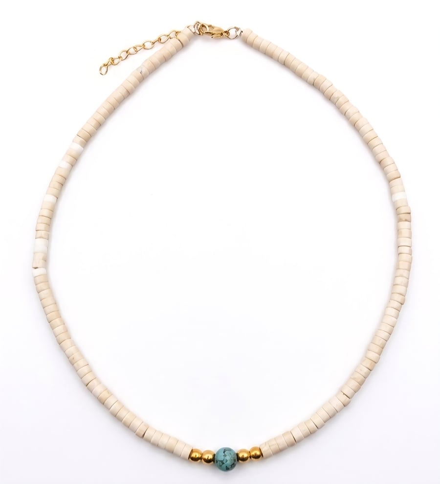 Handmade Minimalist Shell, Hematite & African Turquoise Beaded Necklace