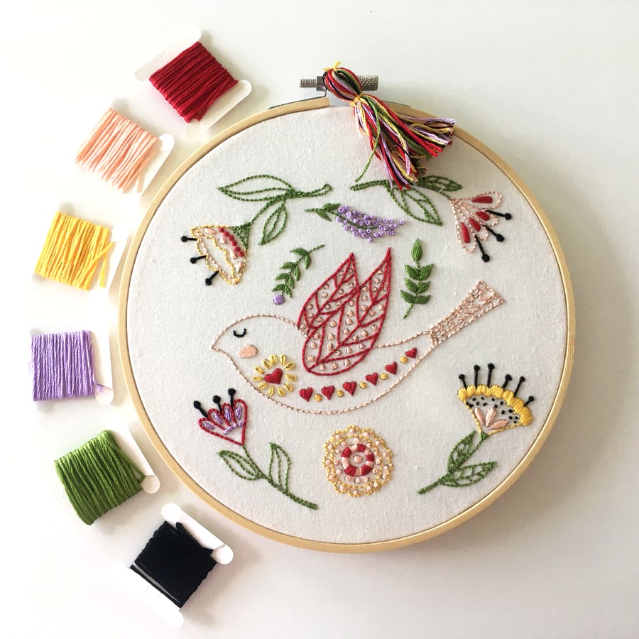 Folk Art Embroidery Kit - Folk Art Bird Embroidery Kit, Hand Embroidery