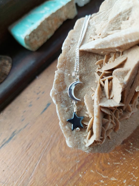 Sterling Silver Crescent Moon and Haematite Star Necklace