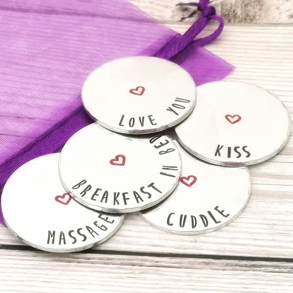 Love Tokens - 1, 3 or Set Of 5 - Choose Own Wording - Cute Token Gift - Wife
