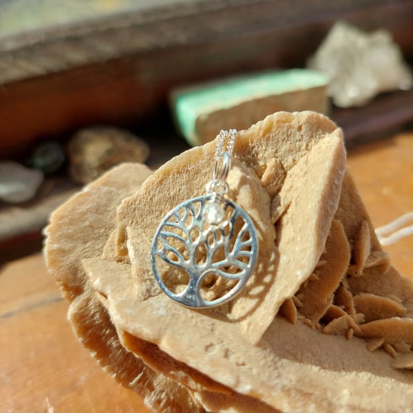 Sterling Silver and Facetted Quartz Tree of Life Necklace - April Birthstone