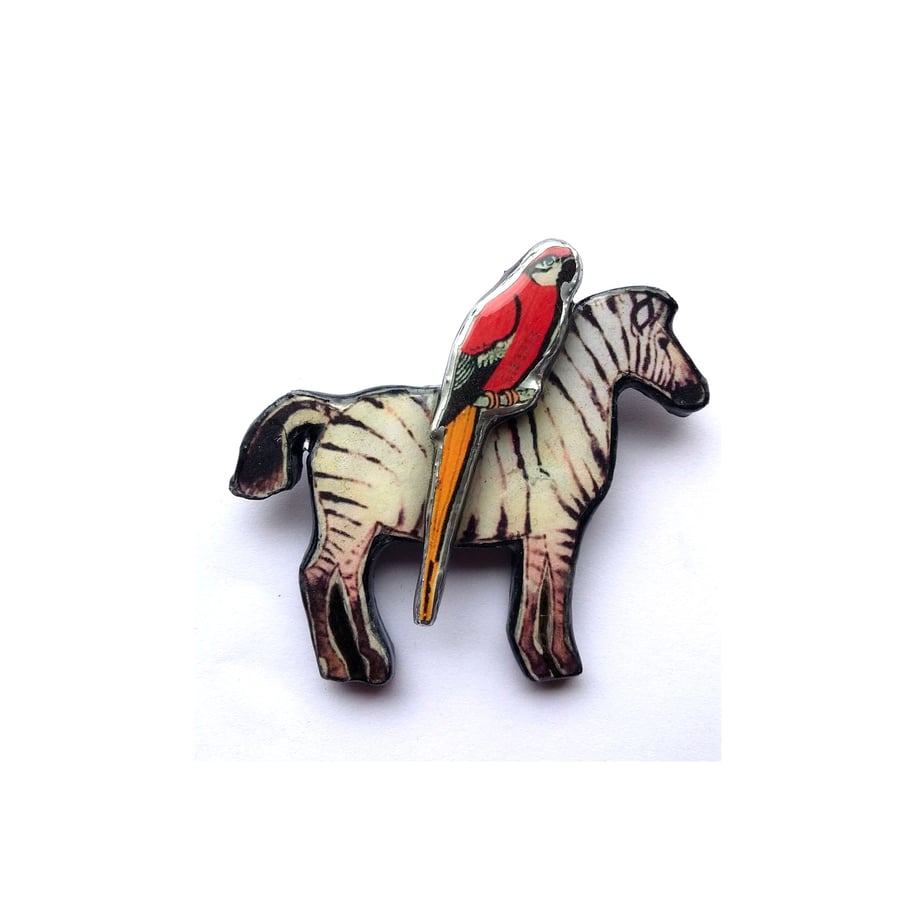Quirky Whimsical Zebra & Parrot Brooch by EllyMental