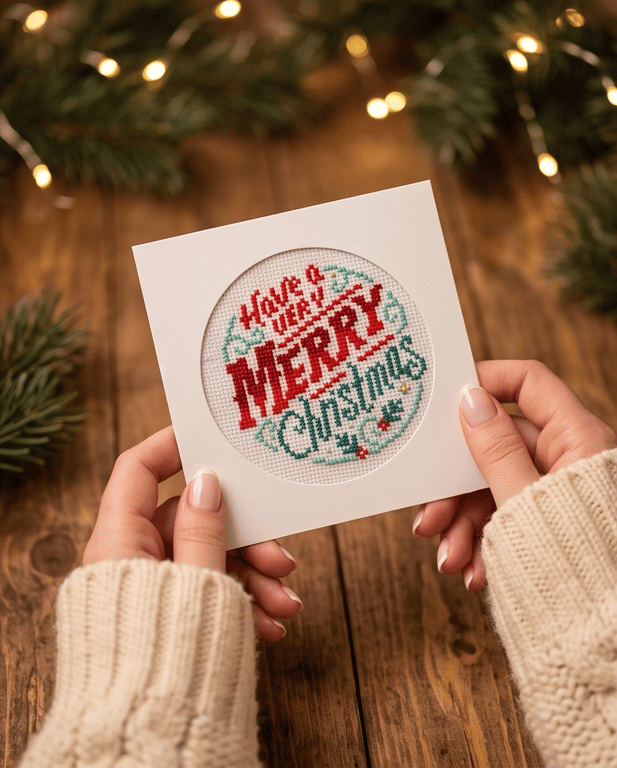 Have a Very Merry Christmas Card, Handmade Cross Stitch Keepsake