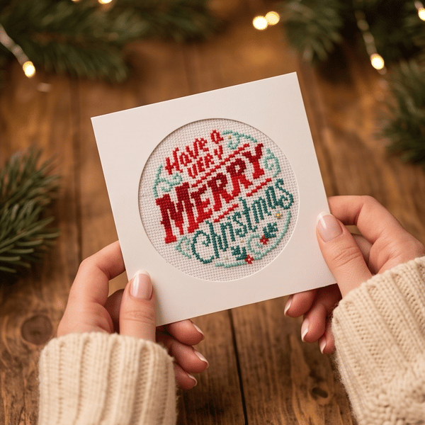 Have a Very Merry Christmas Card, Handmade Cross Stitch Keepsake