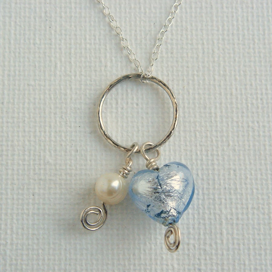Delicate Blue Murano Heart and Pearl Necklace Mounted in Sterling Silver