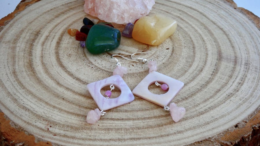 Rose quartz and shell drop earrings