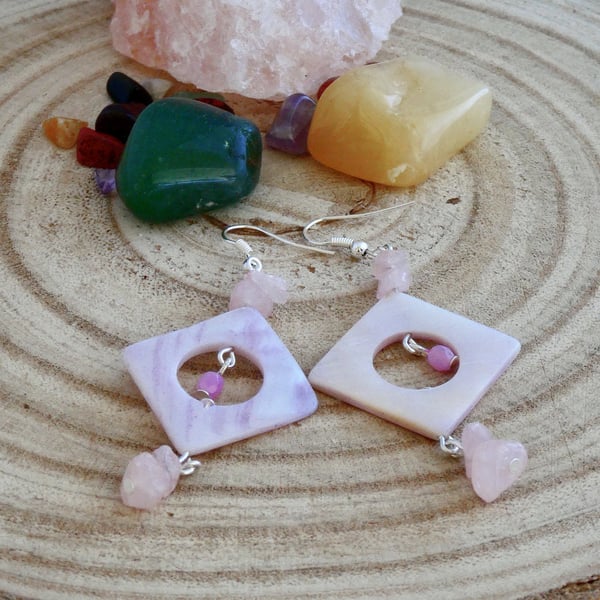 Rose quartz and shell drop earrings