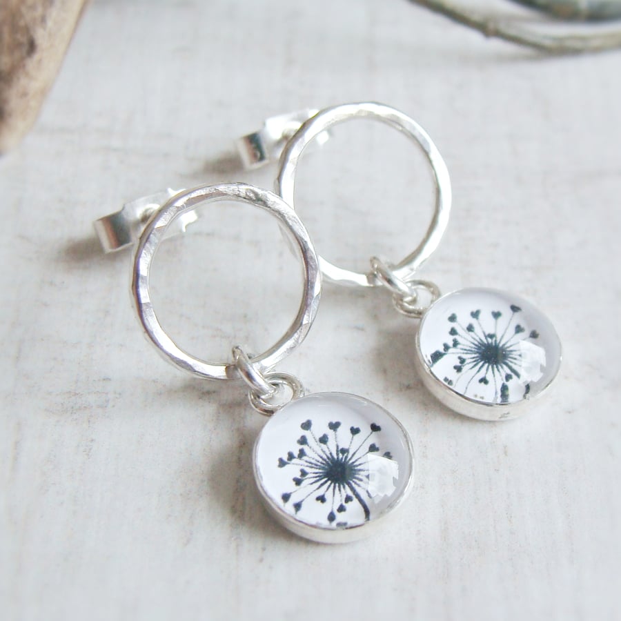 Sterling Silver Circle Stud Earrings with Black and White Dandelion Charms