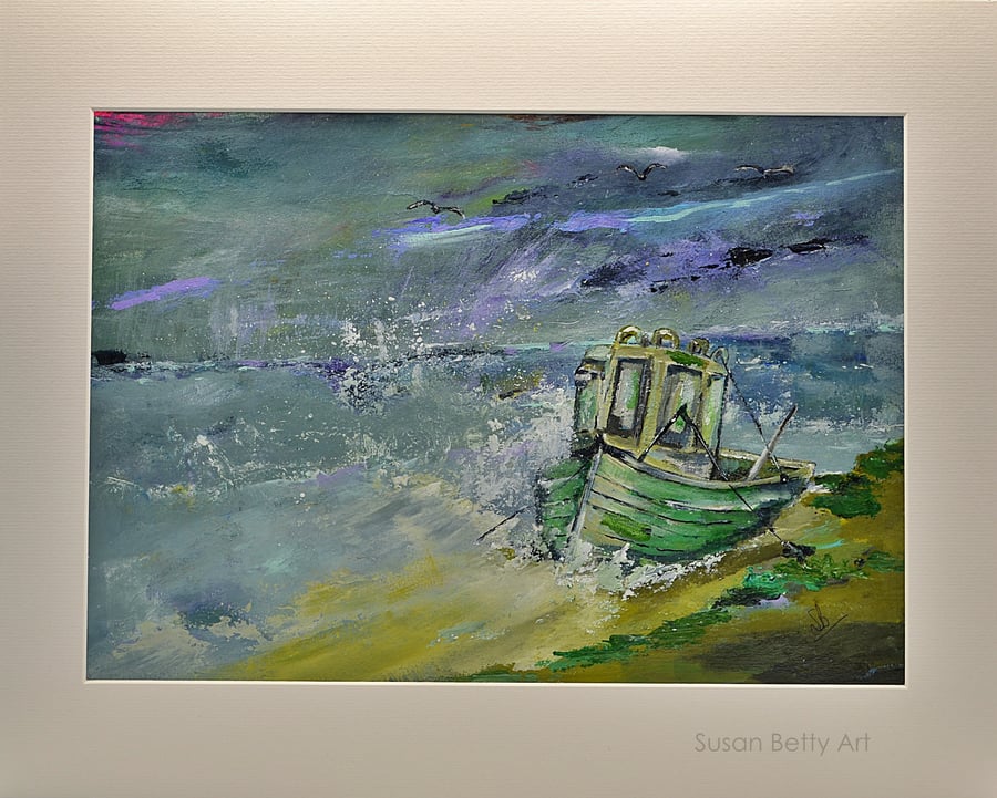 Original Painting of a Moored Boat in Rough Weather (20x16 inches)