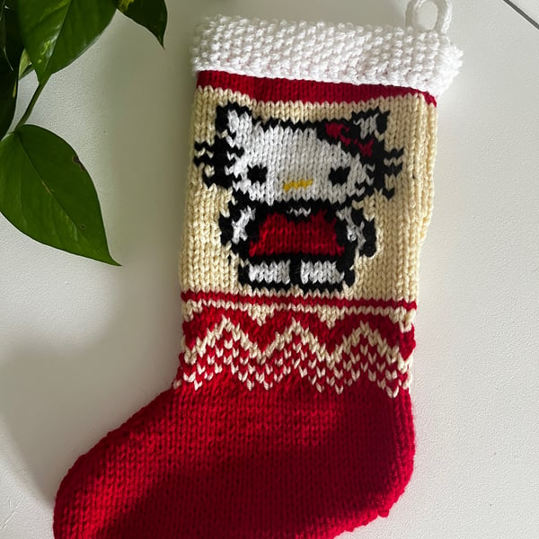 Hand knitted  red hello kitty christmas stocking
