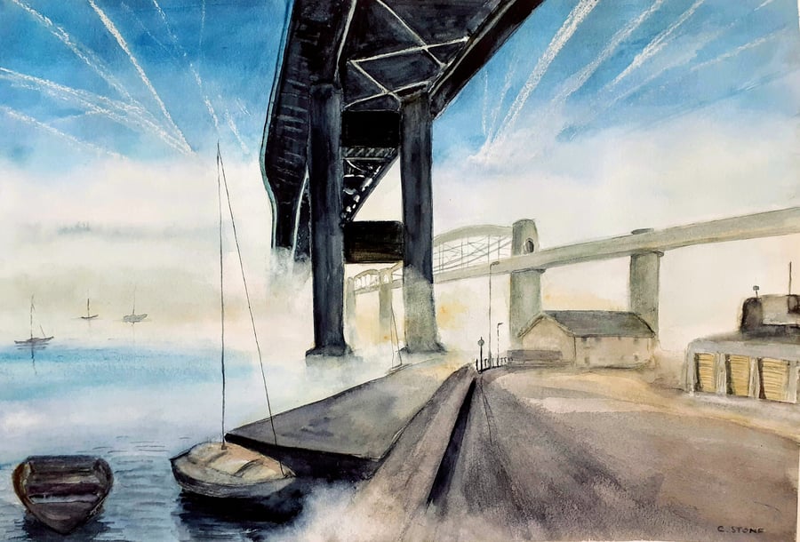 Morning Mist on River Tamar at Saltash Cornwall Watercolour Painting A2 size