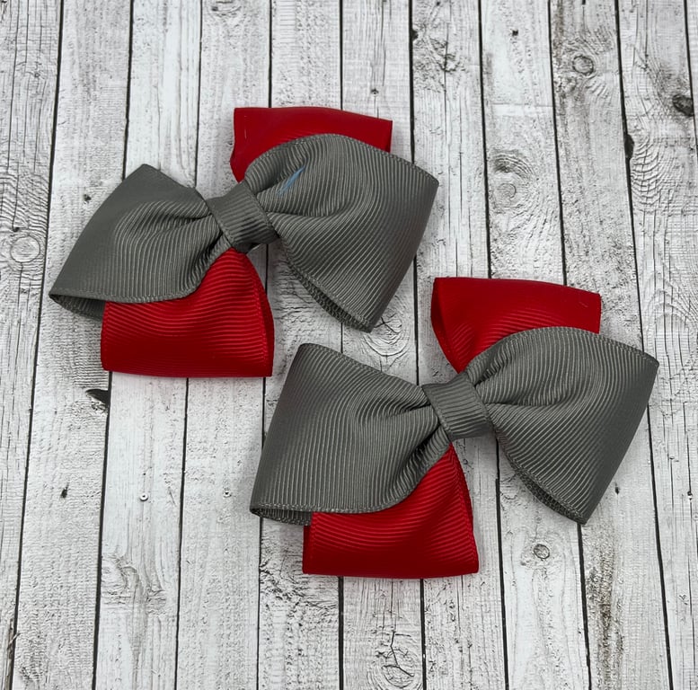 School Red and Grey Diagonal Double with Bows on Clips (pair)
