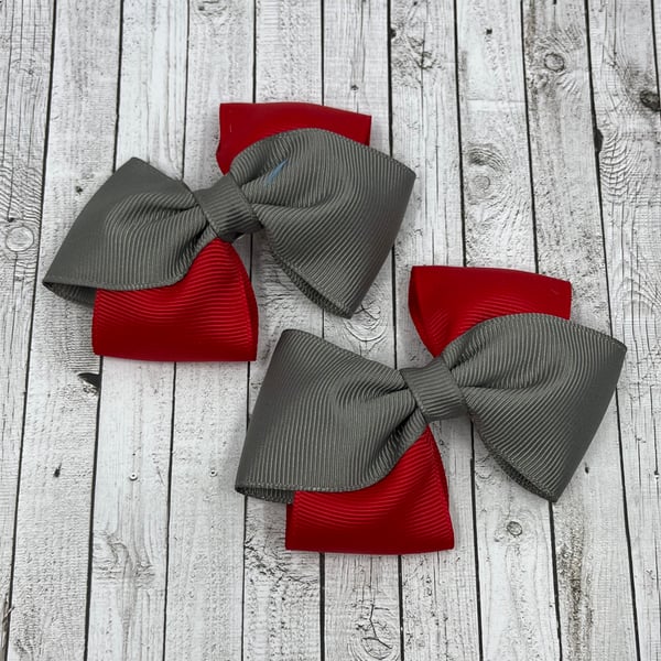 School Red and Grey Diagonal Double with Bows on Clips (pair)