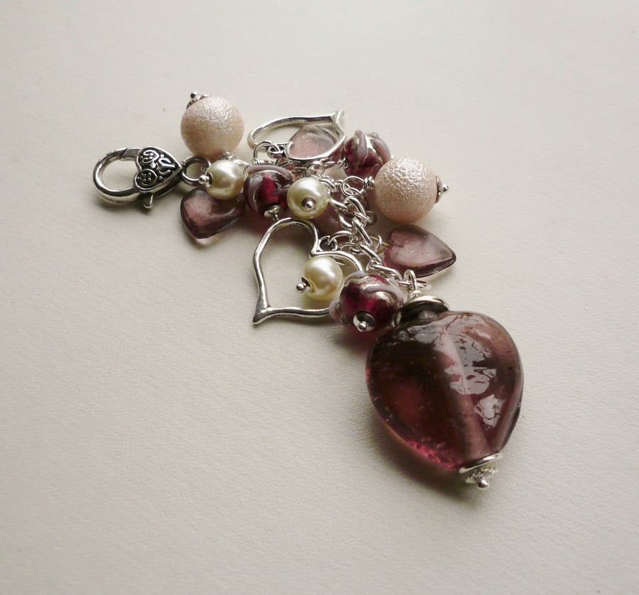 Handbag Charm Dusky Pink Glass Bead Tibetan Silver Heart Themed  KCJ1588