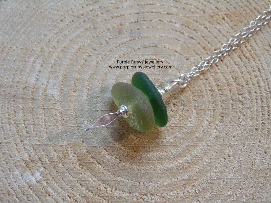 Cornish Sea Glass Stack Necklace Lime & Dark Green, Sterling Silver N592