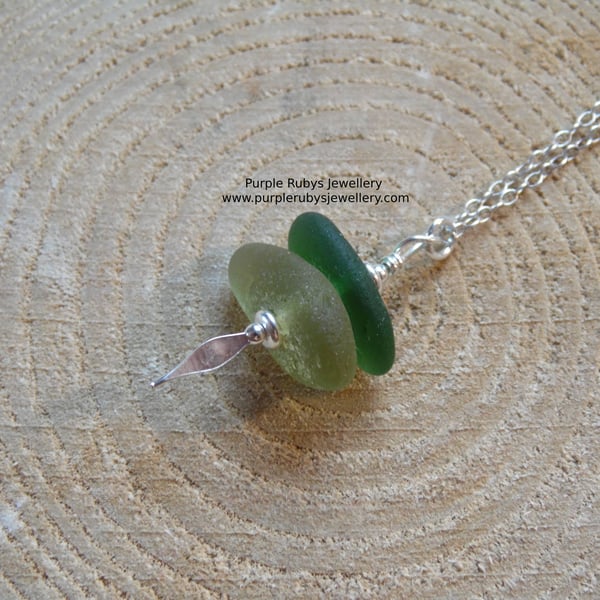 Cornish Sea Glass Stack Necklace Lime & Dark Green, Sterling Silver N592