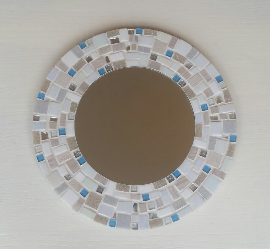 Round Mosaic Wall Mirror 30cm in White, Ivory & Blue Turquoise Bathroom Mirror