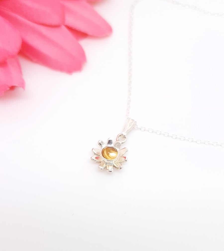 Citrine and sterling silver daisy or flower pendant 