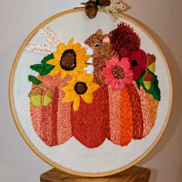 Squirrel pumpkin flowers and acorns embroidery hoop art picture 