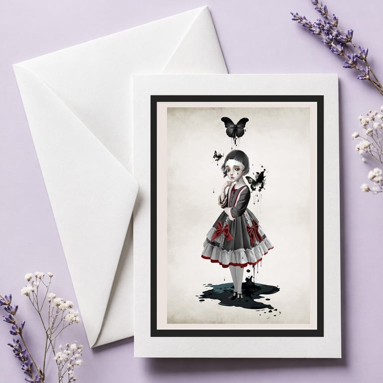 Gothic Art Greeting Card - Sad Girl with Black Butterflies