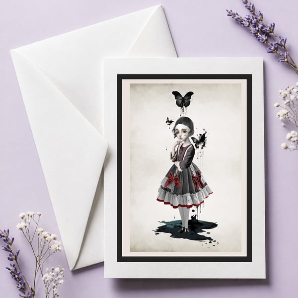 Gothic Art Greeting Card - Sad Girl with Black Butterflies