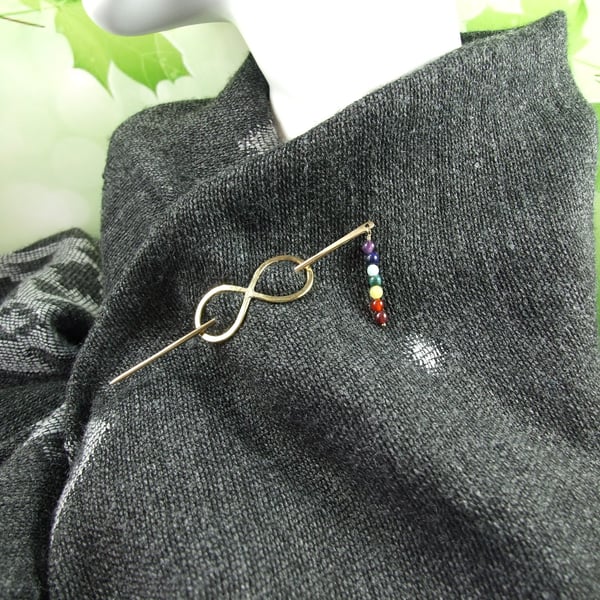 Shawl Pin, Brass Infinity Knot with Rainbow Gemstones Celtic Cloak Clasp
