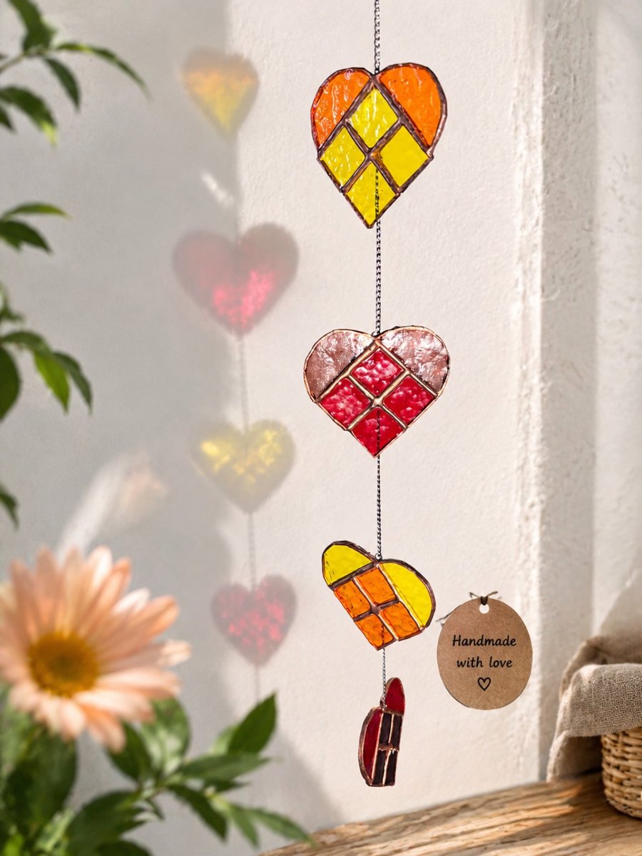Handmade Stained Glass Heart Cascade Suncatcher