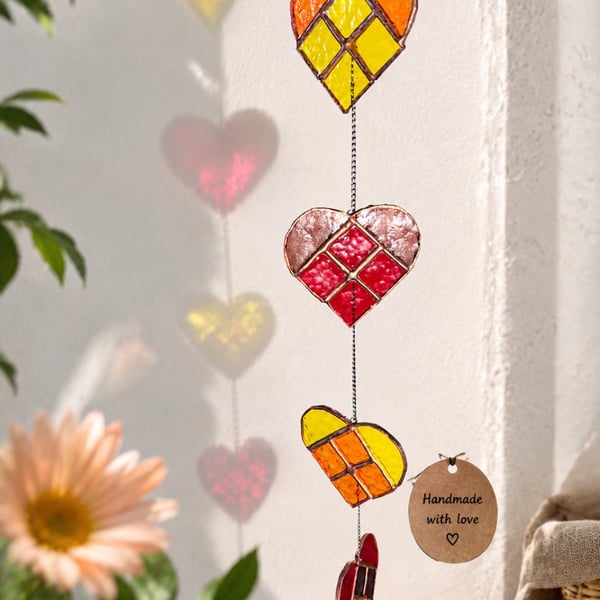Handmade Stained Glass Heart Cascade Suncatcher
