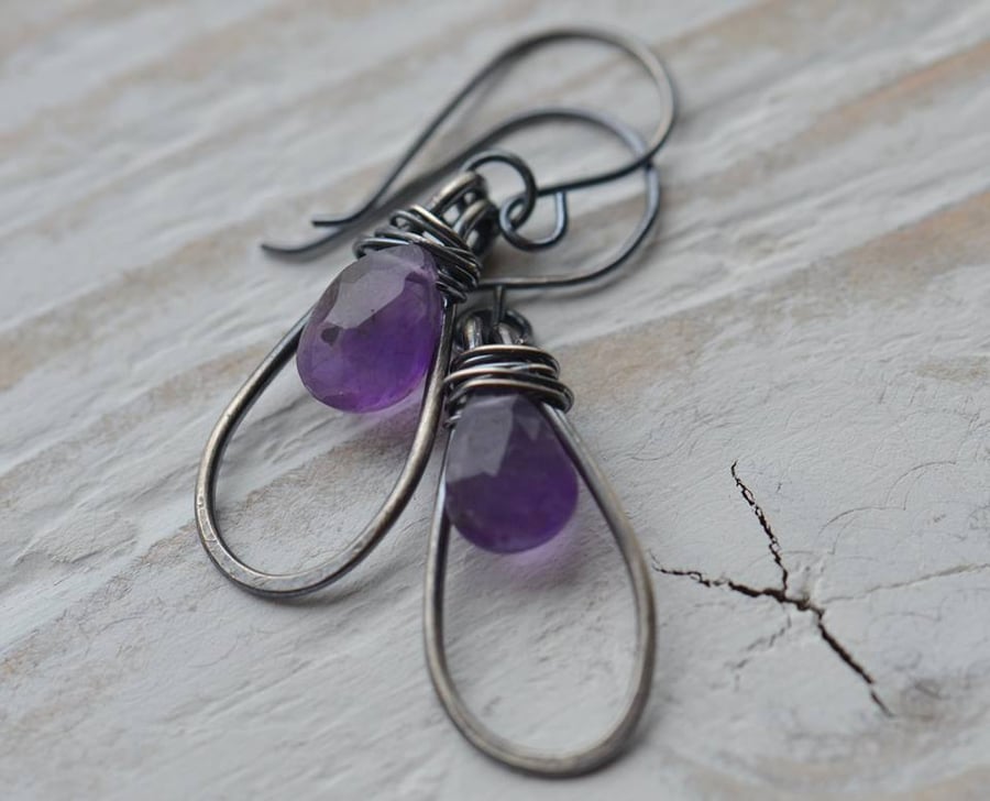 Handmade Sterling Silver Oxidised & Amethsyt Briolette Teardrop Earrings