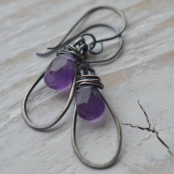 Handmade Sterling Silver Oxidised & Amethsyt Briolette Teardrop Earrings