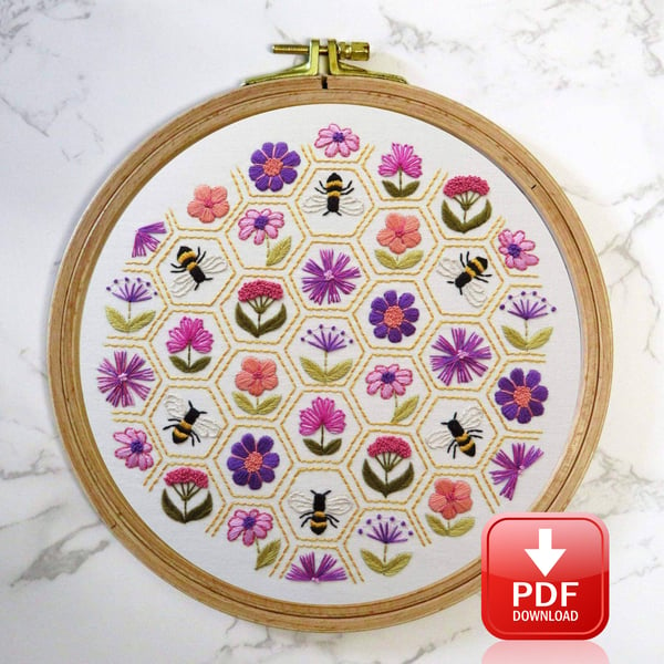 Flower Hive Hand Embroidery PDF Pattern