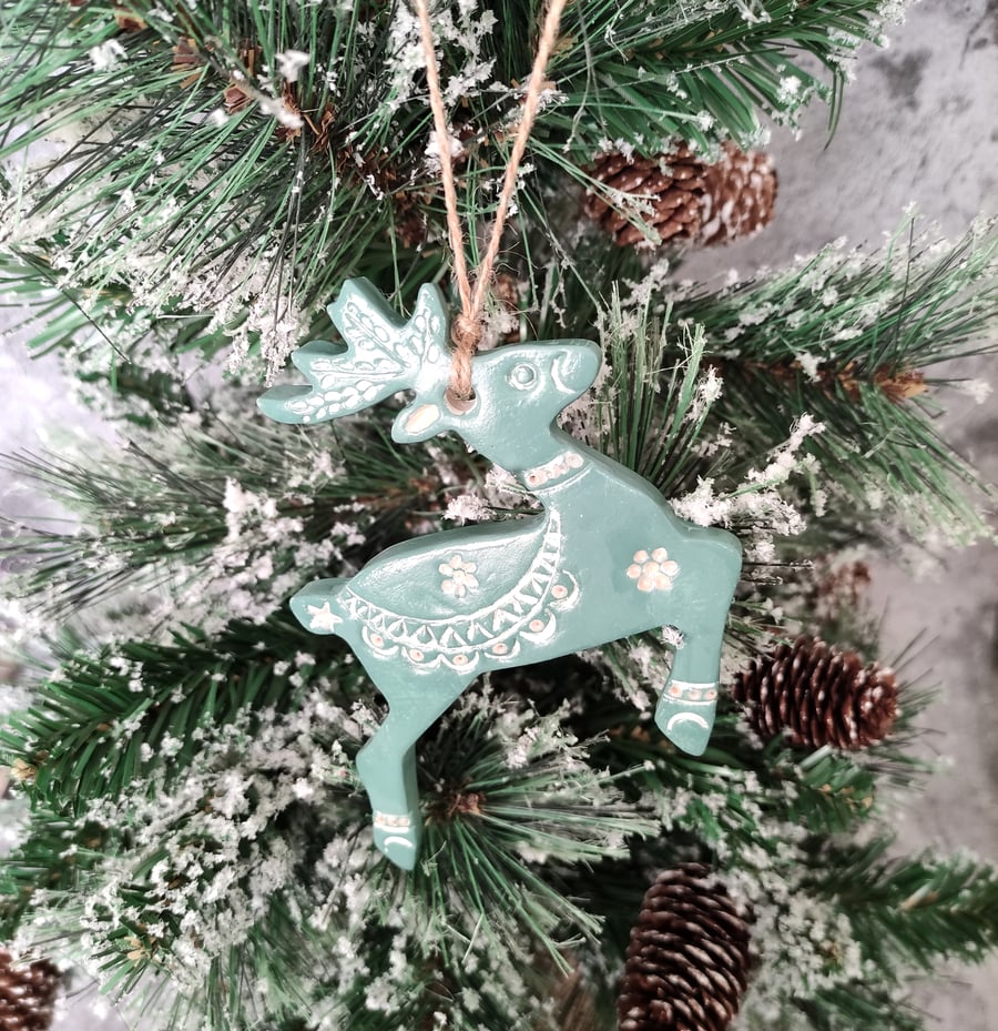Rustic Nordic Reindeer Ornament, Handmade Christmas Yuletide Hanging Clay Decor
