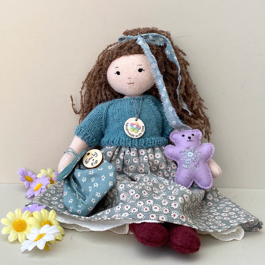 Cloth doll,collectable handmade doll,rag doll with a tiny bear by Bearlescent 