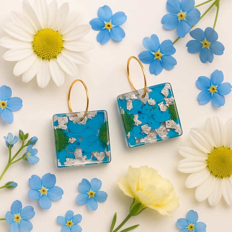 Square Blue Flower Resin Earrings – Silver Leaf Botanical Dangle Drops