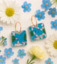 Square Blue Flower Resin Earrings – Silver Leaf Botanical Dangle Drops