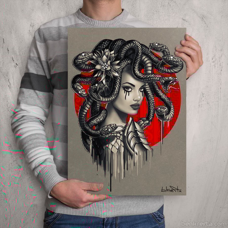 MEDUSA - SIGNED PRINT -  Snake Head Girl of Greek Myth - Tattoo Art Artwork