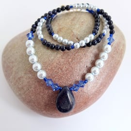 Blue Goldstone Pendant with Swarovski Crystals & Glass Pearls - Seconds Sunday