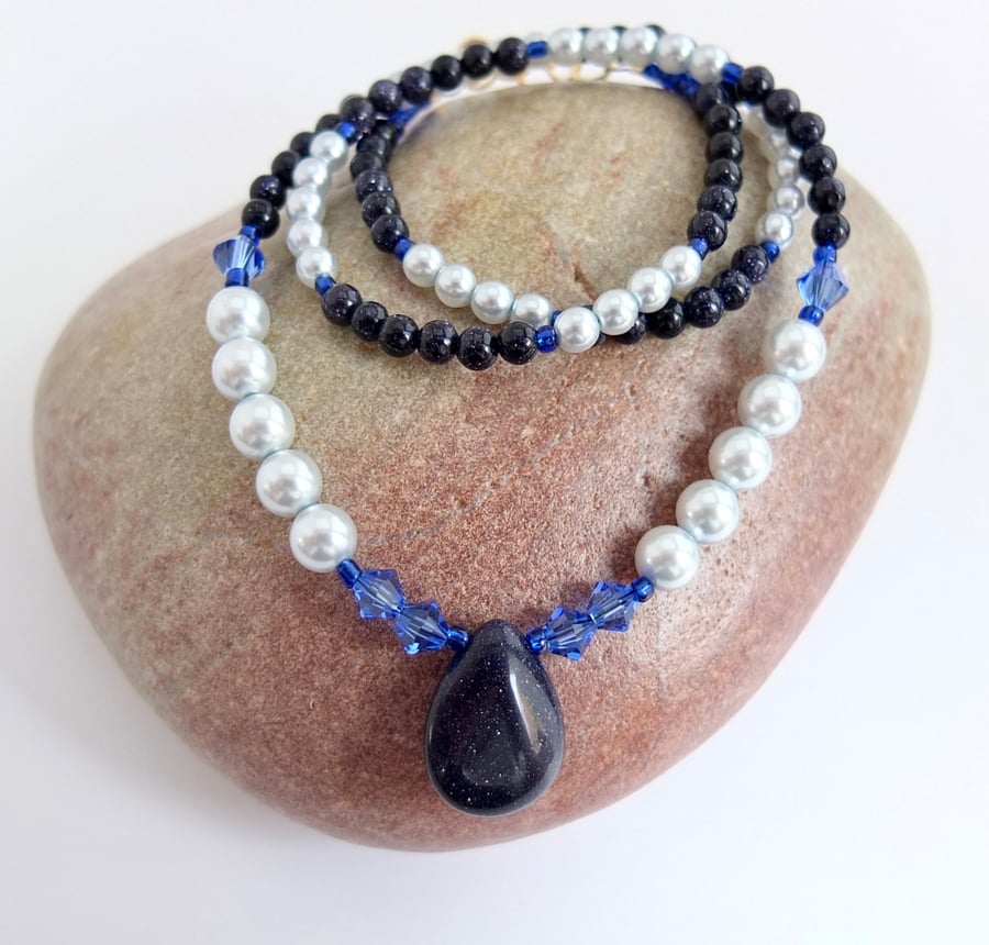 Blue Goldstone Pendant with Swarovski Crystals & Glass Pearls - Seconds Sunday