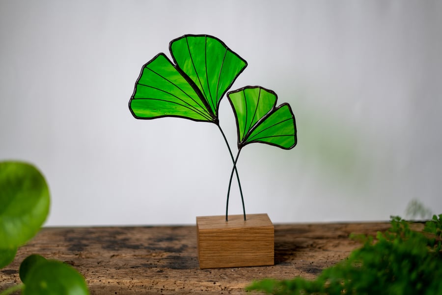Stained Glass Ginkgo Leaf Suncatcher Free Standing Ornament