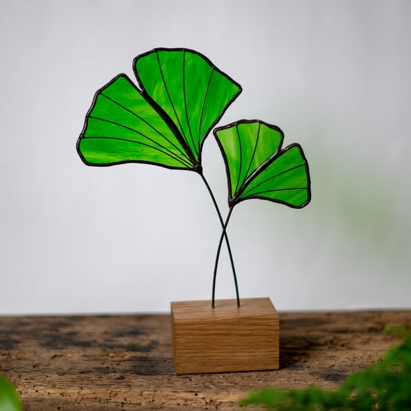 Stained Glass Ginkgo Leaf Suncatcher Free Standing Ornament