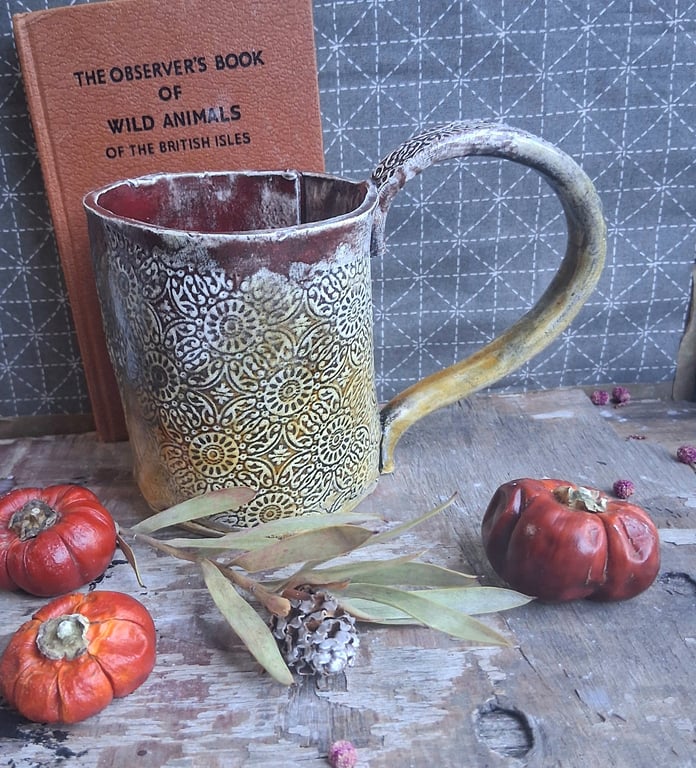 Cecelia pattern coffee mug ceramic pottery tea cup,burnt tomato and ochre