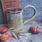Cecelia pattern coffee mug ceramic pottery tea cup,burnt tomato and ochre