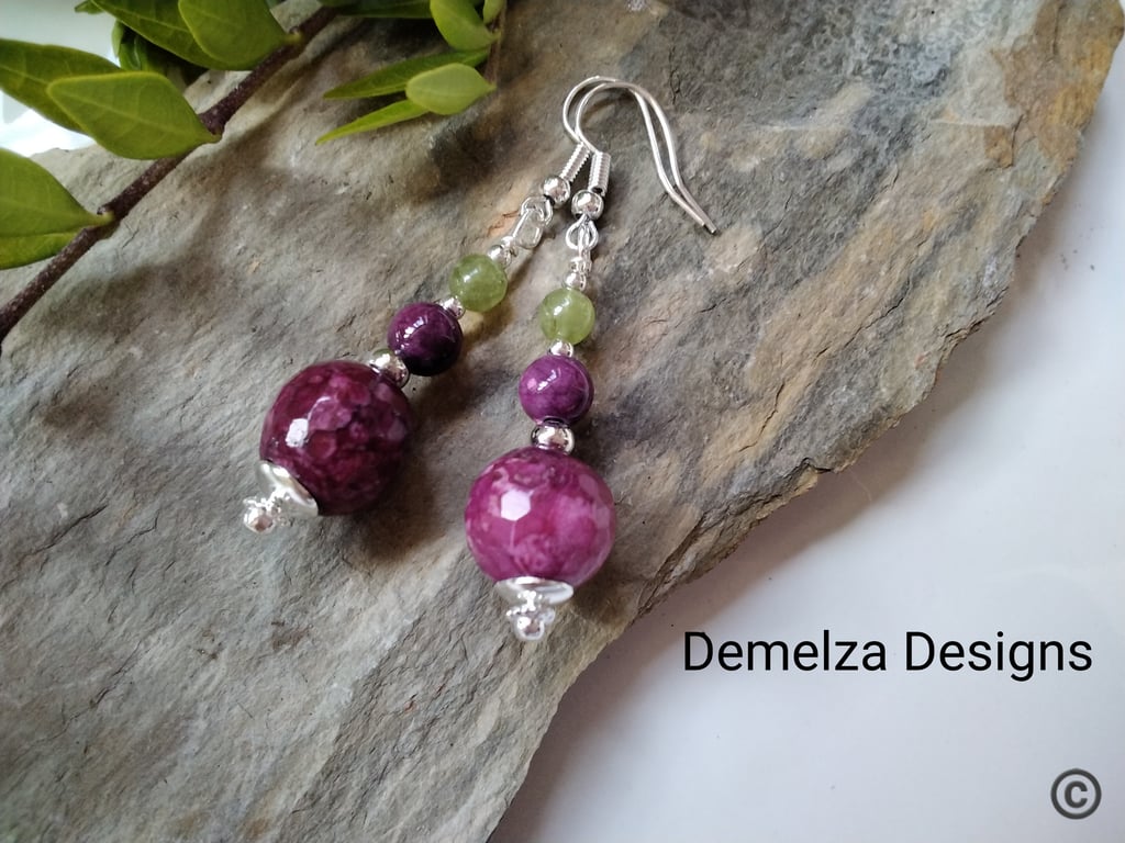 Colour Treated Agate, Quartzite & Peridot Silver Plated Earrings