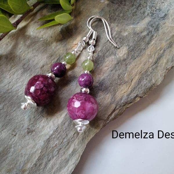 Colour Treated Agate, Quartzite & Peridot Silver Plated Earrings