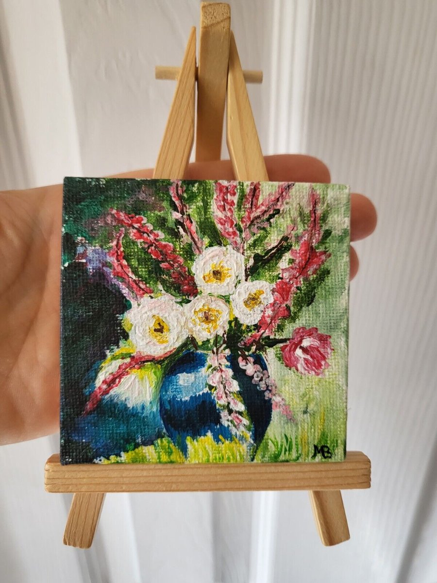 Original acrylic painting mini canvas flowers in vase 