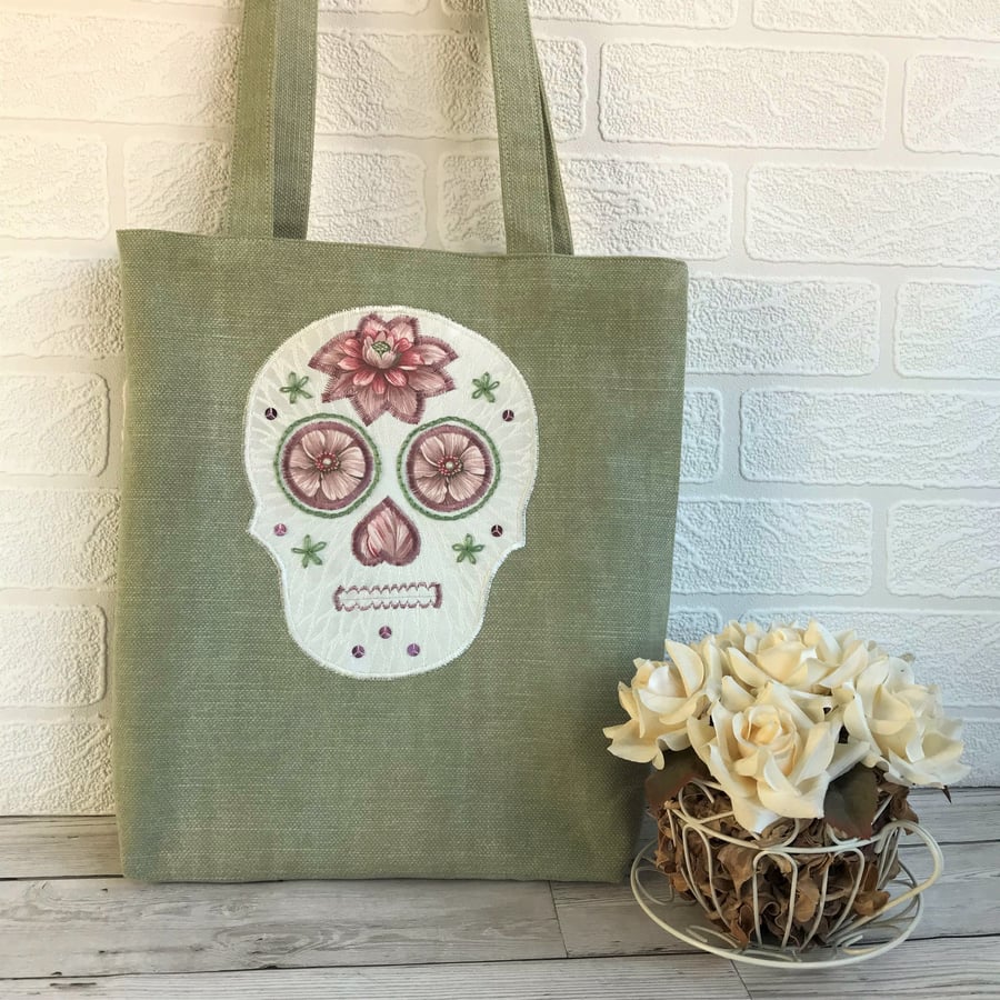 Green and Pink Sugar Skull Tote Bag, Mexican Day of the Dead