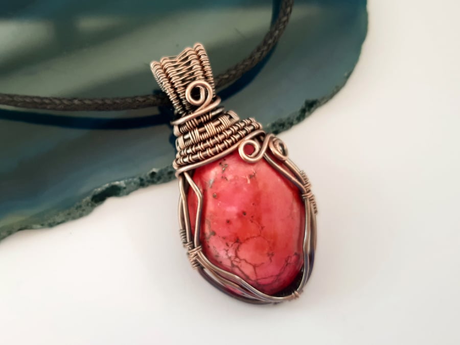 Pink Pendant, Jasper Copper Wire Wrapped Necklace, Gifts for Women